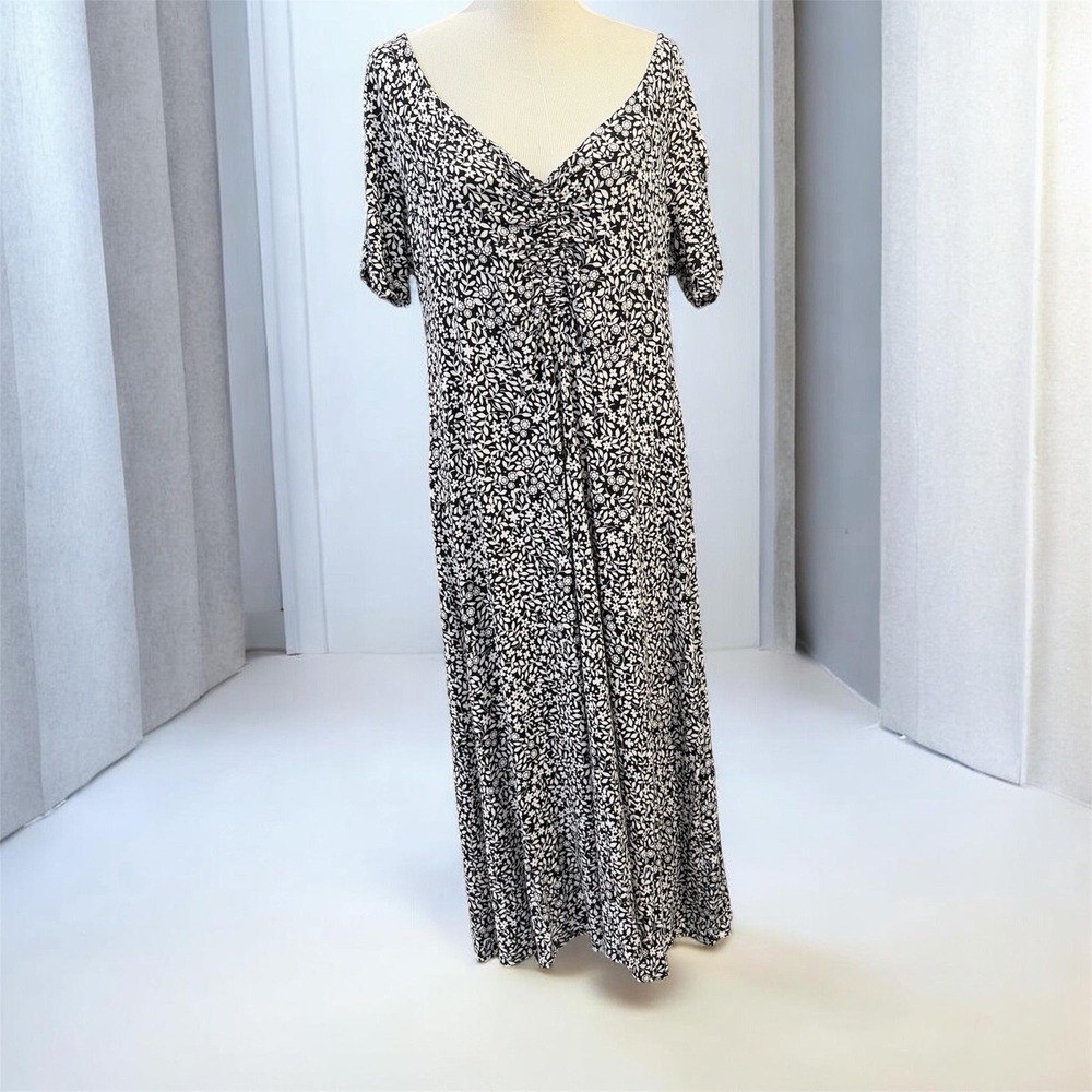 Boden Size-US 16/18R Maxi Dress Black White Floral Ruched V-Neck Short Sleeve